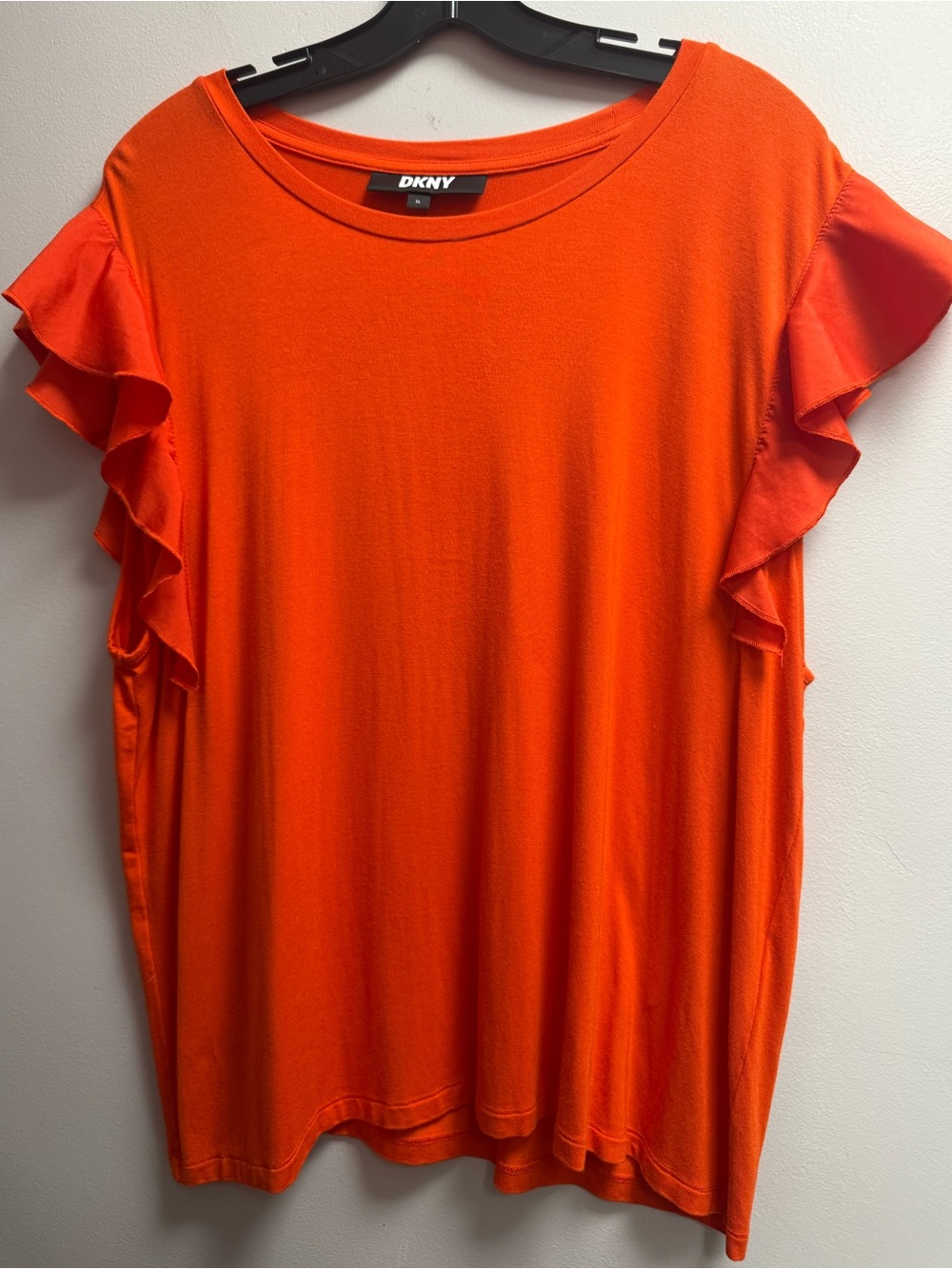 VGUC DKNY Bright Orange Satin Ruffled Short Sleeved Shirt Women’s XL